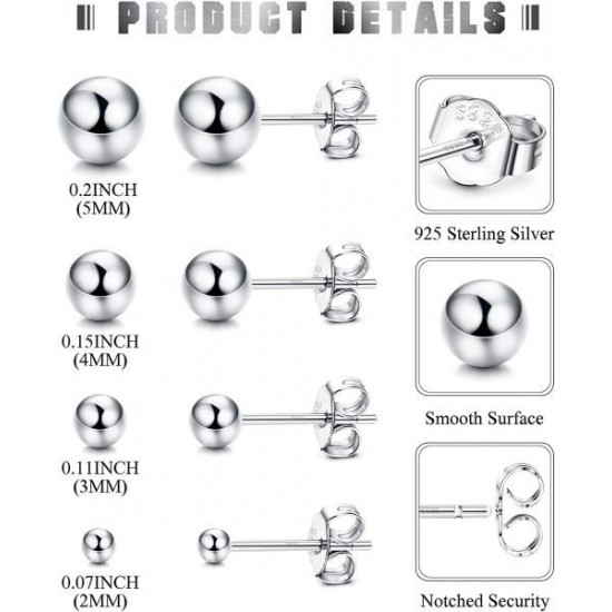 4 Pairs 925 Earrings For Women Girls Round Ball Small Stud Earrings Set 2; 3; 4; 5 Mm